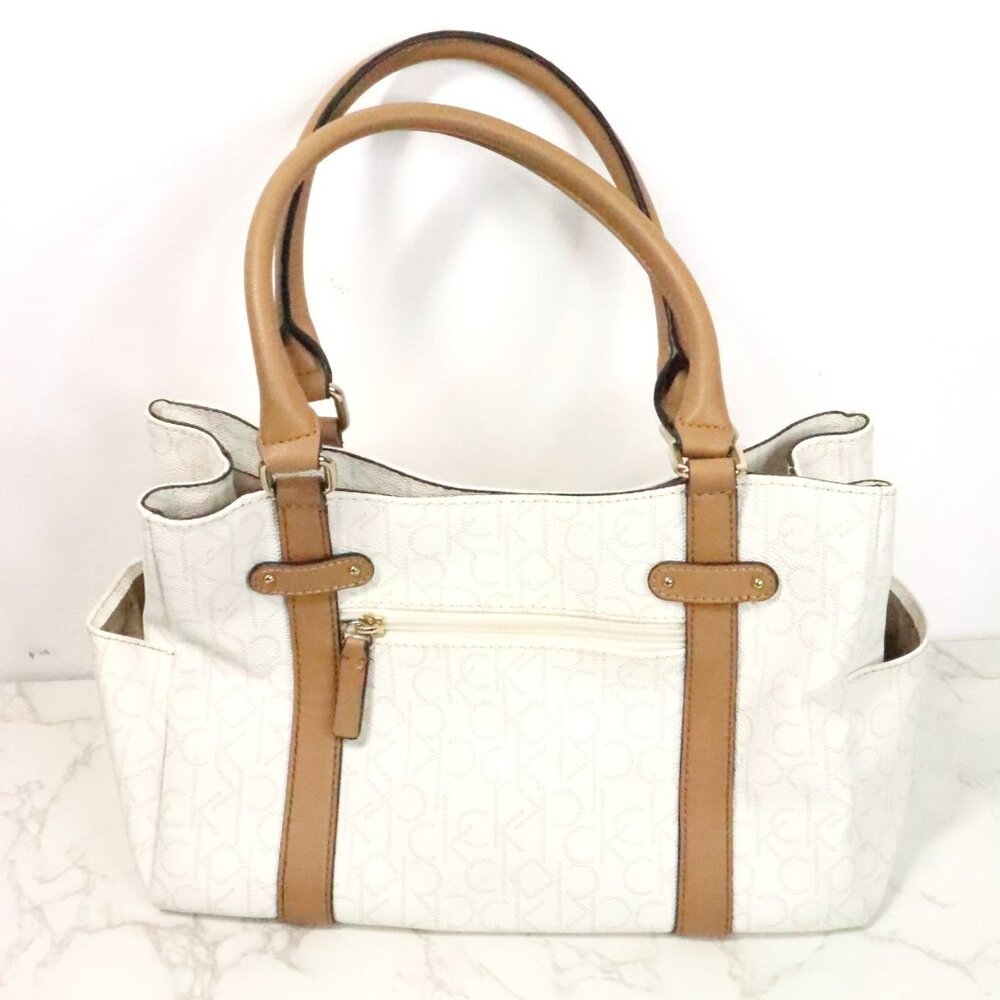 Calvin Klein Hudson White Signature Monogram Logo Pebbled Satchel Handbag Purse - Picture 5 of 9